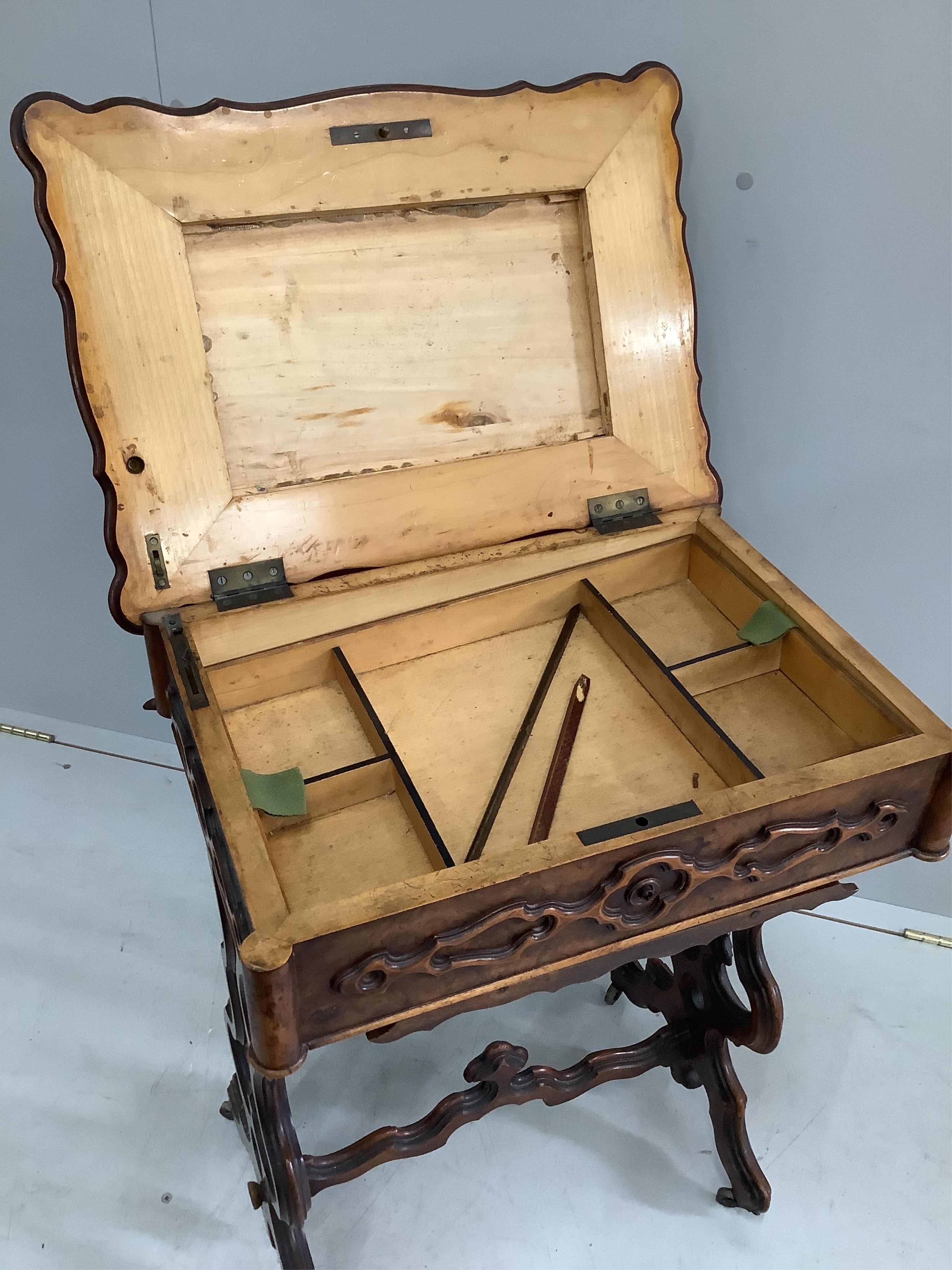 A 19th century French burr walnut work table, width 54cm, depth 39cm, height 72cm. Condition - fair